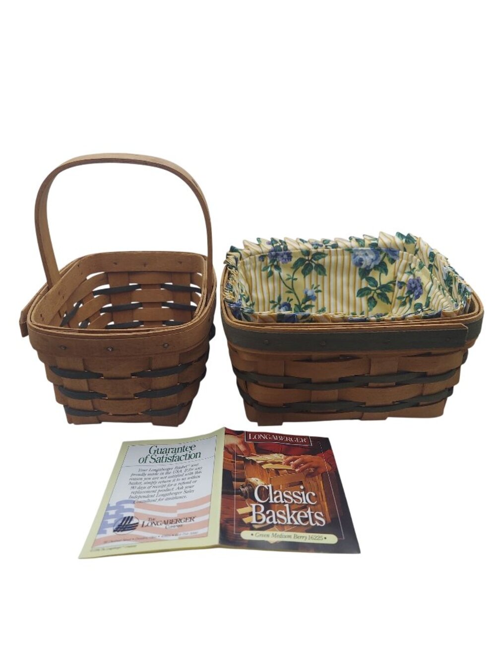Longaberger Basket Set Of 2 Green Trim Fabric Lining Maple Wood Hand Woven USA